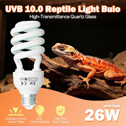 UVB Light for Reptiles 10.0: Bearded Dragon UVB Light for Desert Habitats, 26W UVA UVB Reptile Light Bulb for Lizards Tortoises, Terrarium Compact Fluorescent Lamp-UVB Bulbs with Free UV Sensor Card - size: 6.5INCH-10.0