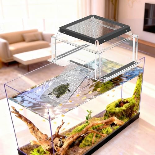 Turtle Basking Platform & Dock Fits 16.7-19.1 Inch Wide Aquariums, Clear Acrylic Turtle Topper Basking Platform with Metal Mesh Top, Anti-Slip Reptile Ramp Sunbathing Dock