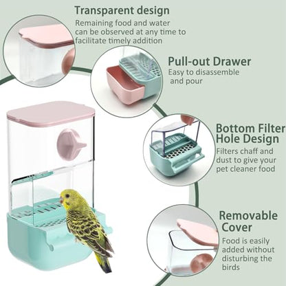 No Mess Bird Feeder Water Dispenser Set Automatic Transparent Parrot Feeder | Acrylic Parrot Food Container Drinker Cage Accessories for Small Birds Canary Parakeet Finch (Blue+Blue, 1) - color: Blue+Blue