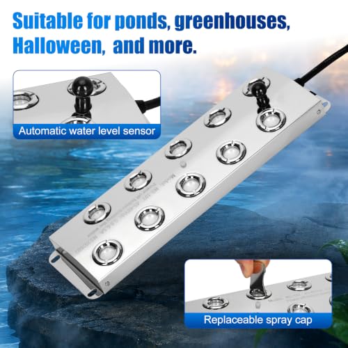 Ultrasonic Mist Maker Fogger 10 Heads, 9000ml/H 400W Pond Fogger with Float, IP67 Waterproof Power Supply, 304 Stainless Steel Ultrasonic Mister with Auto Shut-Off for Pond,Fountain,Garden,Halloween - size: 10 HEAD