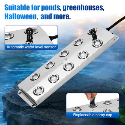 Ultrasonic Mist Maker Fogger 10 Heads, 9000ml/H 400W Pond Fogger with Float, IP67 Waterproof Power Supply, 304 Stainless Steel Ultrasonic Mister with Auto Shut-Off for Pond,Fountain,Garden,Halloween - size: 10 HEAD