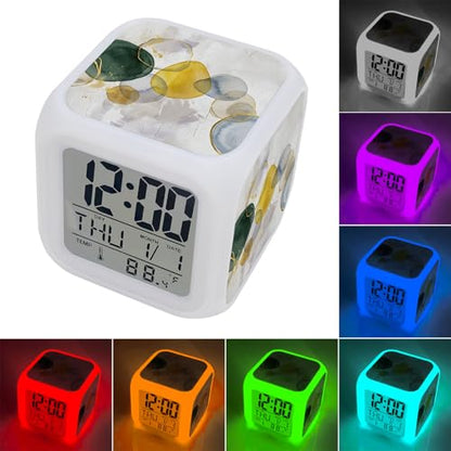 Abstract Ink Alarm Clock, Green Yellow Blue Ink Splatter Bubbles Drops Digital Clock Night Light with 7 Color, Calendar Temperature Display, NightLight Clock for Bedroom, 3.2x3.2in - color: Yellow,green,gray