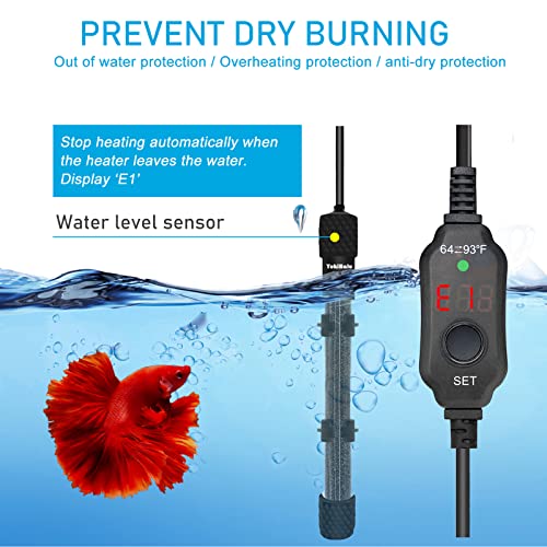 YukiHalu Small Submersible Aquarium Heater, Adjustable Mini Fish Tank Heater 25W 50W 100W 200W 300W with External Temperature Controller, LED Display, Used for 5/10/20/40/60 Gallons (100 Watts) - size: 100 Watts