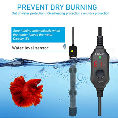 YukiHalu Small Submersible Aquarium Heater, Adjustable Mini Fish Tank Heater 25W 50W 100W 200W 300W with External Temperature Controller, LED Display, Used for 5/10/20/40/60 Gallons (100 Watts) - size: 100 Watts