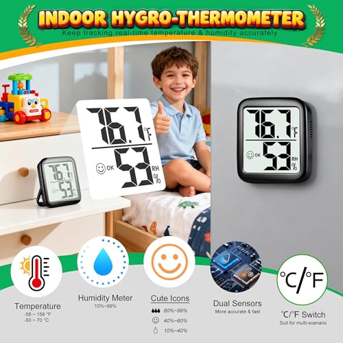 2 Pack Room Thermometer Indoor Hygrometer | Monitor Temperature & Humidity, Accurate, Fast Read, Easy To View, Magnetic/Kickstand/Hanging, ℉/℃, w/ Battery, Compact - color: 2 Pcs * Classic Black ( 97%+ Choice )