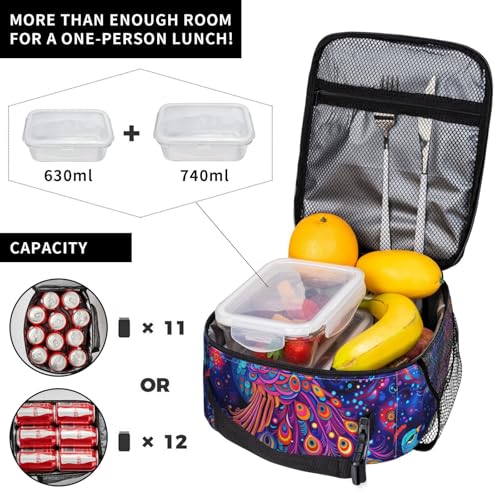Neon Peacock Art Adult Insulated Lunch Bag, Portable Thermal Cooler Tote With Pockets, Durable Polyester Lunch Box With Handle For Work, Office, Travel - color: Style 2
