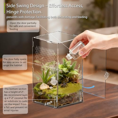 Jumping Spider Enclosure, Acrylic Spider Terrarium with Magnetic Door, Side-Opening, Laser-Cut Biomimetic Ventilation System, Escape-Proof for Feeder Insects (6.5"x6.5"x12") - size: 6.5"x6.5"x12" - Side-opening