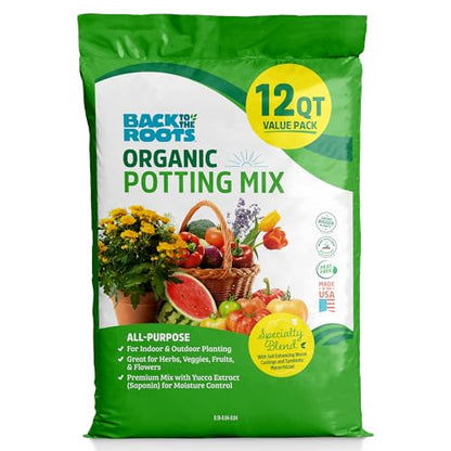 Back to the Roots All-Purpose Potting Mix 6 Quarts (Best Value), 100% Organic & USA Made for Herbs, Veggies, Flowers, w/Nutrient Rich Plant Food, Worm-Castings, & Moisture Controlling Yucca, 2 Packs - size: 12 Quart, style: Specialty Soil