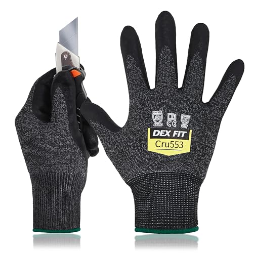 DEX FIT Level 5 Cut Resistant Gloves Cru553 Anti-Static, 3D Comfort Fit A5 Safety Work Gloves with Grip, Thin Touchscreen Gloves for Warehouse, Package Handling, Glass Handling, BlackGray, M, 1 Pair - color: Blackgrey, size: Medium