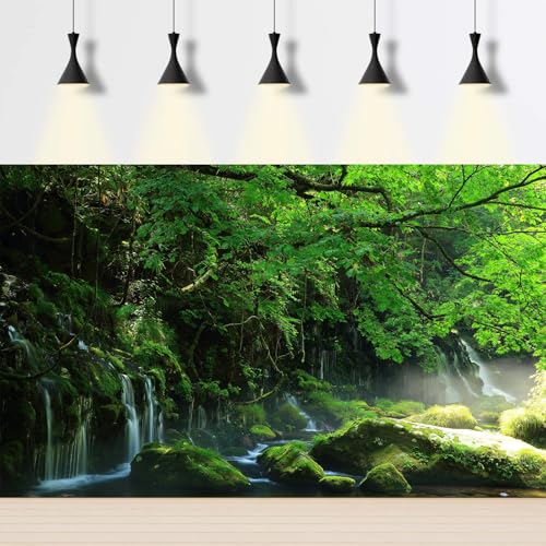 Mountain Waterfall Aquarium Background Tropical Jungle Rainforest Fish Tank Background Stunning Cascading Falls Mossy Rocks Terrarium Backgrounds Tranquil Stream Trees Reptile Tank Backgrounds 24x16in - color: Green, size: 24(W)x16(H)in