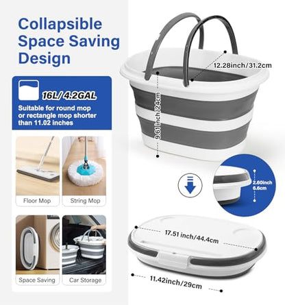 Lesipee Upgraded 16L Collapsible Mop Bucket with Multi-Functional Lid, 4-in-1 Foldable Silicone Tub with Table Surface, Floor Stand, Space Saving 4.2 Gallon Storage Solution for Home & Outdoor - style: 16 Bucket with Cover