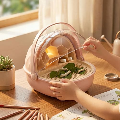 Silkworm Breeding Box Small Pet Feeding Container Transparent Removable Habitat Cage Portable Reptile House with PP for Turtle Frog Snake Suit, Pink - color: Pink