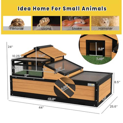 3-Room Large Tortoise Habitat with Pull-Out Tray, Wooden Tortoise Enclosure Indoor & Outdoor with Ramp, Grass Mat, Openable Roof, Luxurious Reptile Enclosure for Small Animals, Yellow