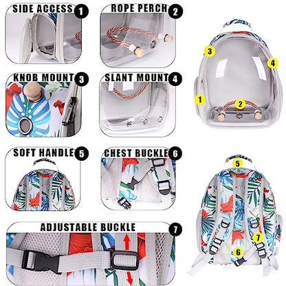 Bird Traval Carrier Cage, Clear Space Capsule Astronaut Backpack to Carry Parakeet Cockatiel Parrot with Metal Tray Wooden Perch and Bird Feeder, Vet Transport Book Bag Floral Printed - color: Floral