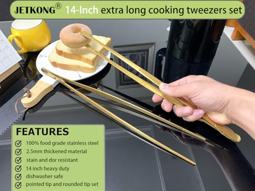 JETKONG 2 Pcs 14-Inch Cooking Tweezers Extra Long Stainless Steel Food Tweezers Kitchen Tweezer Tongs (Gold) - color: Gold, size: 14+14 Inch