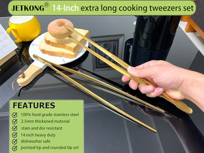 JETKONG 2 Pcs 14-Inch Cooking Tweezers Extra Long Stainless Steel Food Tweezers Kitchen Tweezer Tongs (Gold) - color: Gold, size: 14+14 Inch
