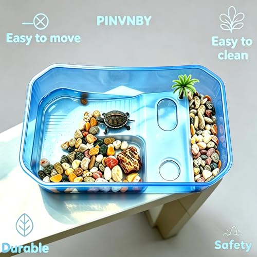 PINVNBY Small Turtle Tank with Basking Platform,2 PCS Plastic Turtles Tank with Artificial Tree,Hermit Crab Habitat Terrariums Easy to Clean,Durable,Safe(Blue) - color: Blue, size: 【2 PCS】