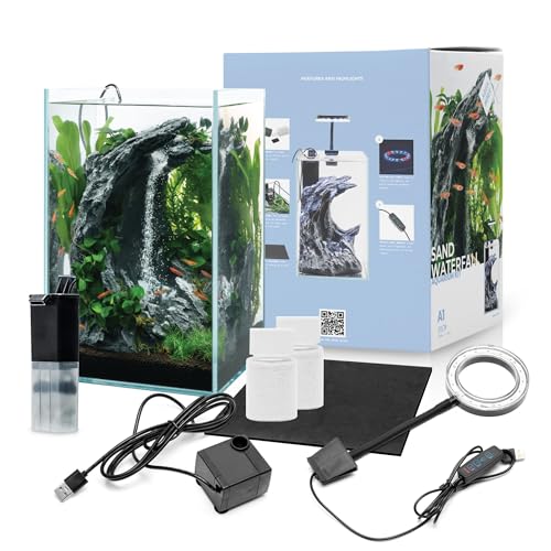 Sand Waterfall Tank Kit - Silent Operation Falling Sand Fish Tank w/LED Light and Self Cleaning Filtration - Desktop Rimless Starter Aquarium Kit, Just Add Plants - 3.38GAL | 12.8L (A1) - size: A1 (20CM)