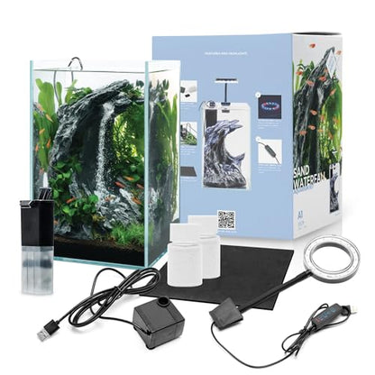 Sand Waterfall Tank Kit - Silent Operation Falling Sand Fish Tank w/LED Light and Self Cleaning Filtration - Desktop Rimless Starter Aquarium Kit, Just Add Plants - 3.38GAL | 12.8L (A1) - size: A1 (20CM)