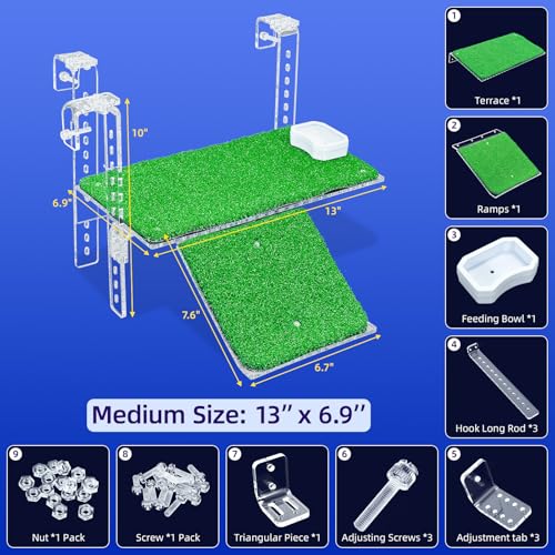 Adjustable Hanging Acrylic Turtle Basking Platform with Ramp 13x6.9 | Anti-slip grass dock for safe basking; adjustable clips fit most rims. Sturdy acrylic ramp, easy setup. Clear view - size: 13x6.9 Inch