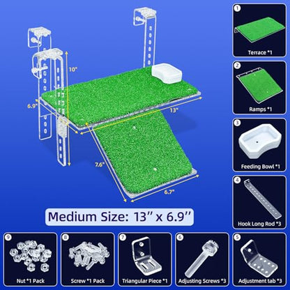 Adjustable Hanging Acrylic Turtle Basking Platform with Ramp 13x6.9 | Anti-slip grass dock for safe basking; adjustable clips fit most rims. Sturdy acrylic ramp, easy setup. Clear view - size: 13x6.9 Inch