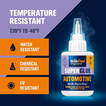 WoldoClean Super Glue for Cars and Trucks 25g - Heavy Duty Automotive Adhesive for Interior Exterior Trim, Emblems, Badges, Bumpers, Decals, Heat Resistant, Waterproof for Plastic, Rubber, Metal