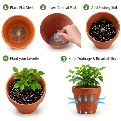 Plant Pot Drainage Kit, 60 Pack | 10 Cone Grid Pads + 50 Mesh Screens, Improves Drainage & Airflow, Reduces Soil Loss, Indoor Outdoor Plants & Bonsai