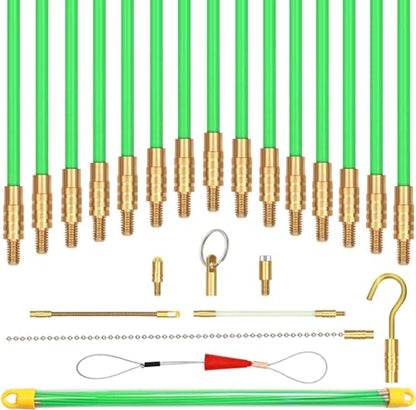 50 Feet Fiberglass Fish Tape Cable Rods, Electrical Wire Running Pull/Push Kit with Hook and Hole Kit Glow Rod, Hook Hole, Green - size: 50FT