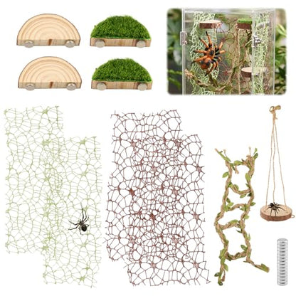 Jumping Spider Habitat Decor, Acrylic Insect Habitat Accessory Set with Magnetic Wooden Platform, Rope Ladder & Climbing Net, Natural Decor for Reptiles