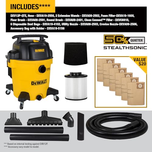 DEWALT Stealthsonic 12 Gallon 5.5 HP Shop Vacuum Wet and Dry, DXV12P-QTE | Ultra Quiet Motor with Powerful Suction, 6 Dust Bags & Accessary Storage Bag Design for Garage Workshop and Jobsite Cleanup - size: 12 Gal (6 Dust Bag)