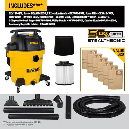 DEWALT Stealthsonic 12 Gallon 5.5 HP Shop Vacuum Wet and Dry, DXV12P-QTE | Ultra Quiet Motor with Powerful Suction, 6 Dust Bags & Accessary Storage Bag Design for Garage Workshop and Jobsite Cleanup - size: 12 Gal (6 Dust Bag)