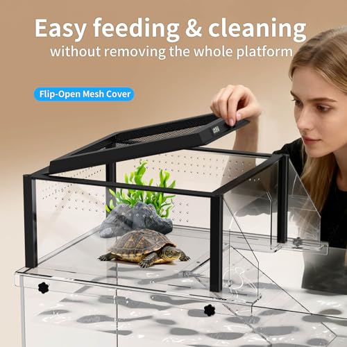 Turtle Basking Platform, Fits 10–13.5" Wide Tanks, Temp Humidity Gauge | Clear Acrylic Turtle Dock, Flip-Open Lid, Non-Slip Ramp & Escape-Proof - size: Fit 10-13.5 Inchs Wide