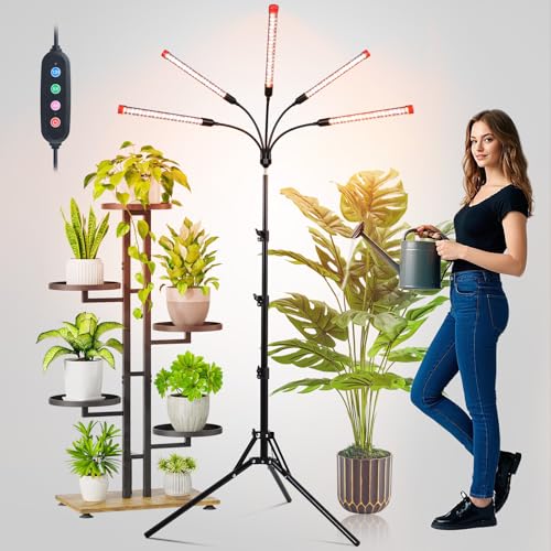 FECiDA Gamechanger! 45 Watt Power Draw, NO Need Adapter, 5Head Grow Light with Tripod Stand, 2026 Big Coverage LED Grow Lights for Indoor Tall Plants, Bonsai Tree, 4/8/12/16/20H Timer - size: Stand-5Head-45W