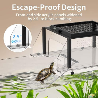 Turtle Basking Platform, Fits 10–13.5" Wide Tanks, Temp Humidity Gauge | Clear Acrylic Turtle Dock, Flip-Open Lid, Non-Slip Ramp & Escape-Proof - size: Fit 10-13.5 Inchs Wide