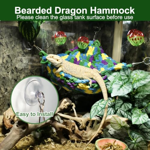 Bearded Dragon Hammock Lounger with Suction Cups Bells,Double-Layer Reptile Hammock, Soft Hanging Lizard Bed Climbing Toys Swing Tank Accessories for Lizard Gecko Chameleon Snake (Blue)