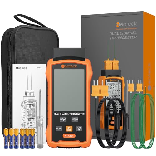 Neoteck Dual Channel Thermocouple Thermometer -50~700℃ with 4 K-Type Probes | High-precision Thermocouple Reader Data Storage and Retrieval Widely Used in HVAC, Automobile,Electrical Maintenance etc.