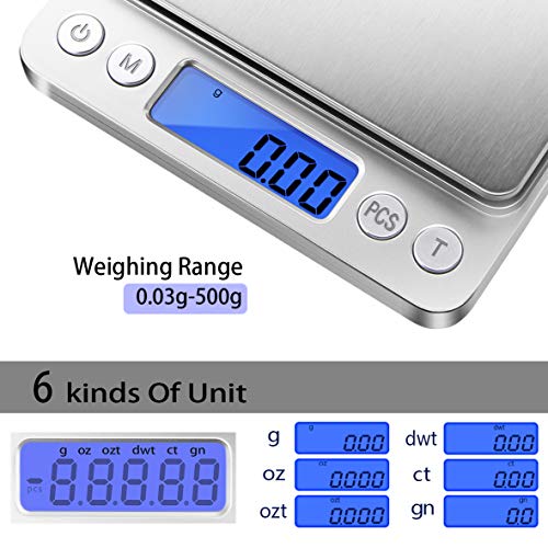 Fuzion Digital Gram Scale .01 Gram Accuracy, 500g Small Jewelry Scale | Small Kitchen Food Scale with 2 Trays for Herb, Powder, Coffee, Gold, Coin - Weight Gram and Oz - color: Silver
