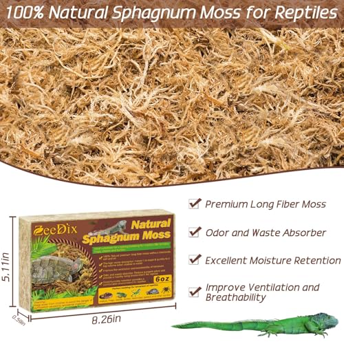 6 OZ Long Fiber Sphagnum Moss for Reptiles, 8 QT Terrarium Moss | Natural Dried Moss for Snakes Turtles Frogs Geckos Ball Pythons Bearded Dragons Lizards Tank Accessories, Moisture Retention - size: 6 OZ