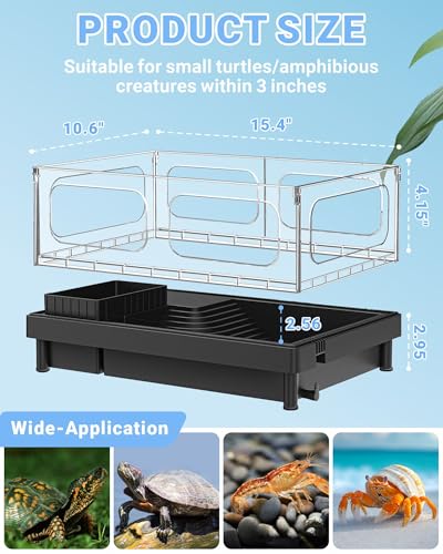 GOZILLA Small Turtle Tank with Filter, Acrylic Aquarium Turtle Tank Starter Kit with Multi-Functional Areas for Turtles, Hermit Crabs, Crayfish, Small Reptiles. (Black)