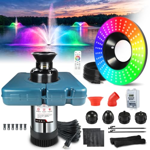 Goldlife Pond Fountain Aerator With Lights, F2 w/ F0-1 Light, 7 Nozzle, 1HP | Large Floating Fountains Aerator Kit, 750W 110V 15000 GPH Pump + 160W RGBW 16000LM 120LED Light, Indep. Cords, Auto, Powerful - color: Blue C