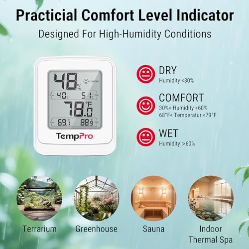 TempPro TempAir Digital Hygrometer Indoor Thermometer with IPX5 Waterproof | Greenhouse Thermometer Temperature and Humidity Monitor, High/Low Records Humidity Meter for Room Celler Grow Tents Reptile