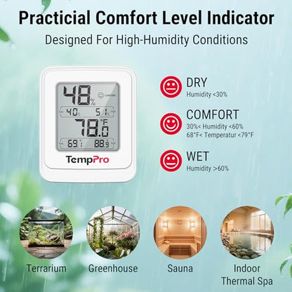 TempPro TempAir Digital Hygrometer Indoor Thermometer with IPX5 Waterproof | Greenhouse Thermometer Temperature and Humidity Monitor, High/Low Records Humidity Meter for Room Celler Grow Tents Reptile