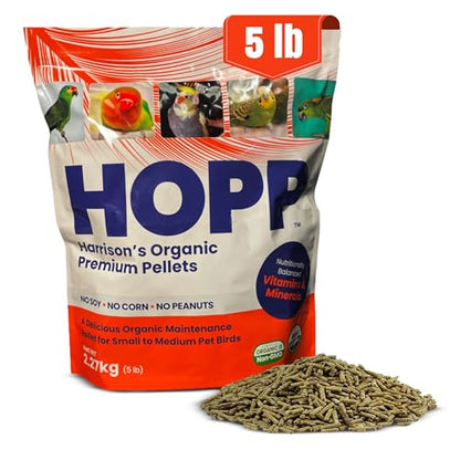 Harrison's Bird Foods HOPP Premium Pellets – Organic, Nutritionally Balanced Food for Small to Medium Pet Birds, Cold-Pressed, Low Fat, Vet-Developed, 5LB - size: 5 Pound (Pack of 1)