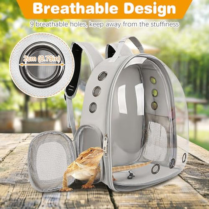 kathson Bearded Dragon Carrier with Harness and Leash Set, Large Reptile Travel Carrier Portable Lizard Backpack Clear Small Animals Carrying Bag for Gecko Hamster Rabbit Hedgehog Kitten (Gray) - color: Gray