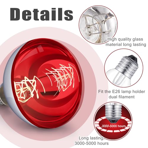4 Pack 250 Watt Heat Lamp 120v R40 Heat Lamp Bulbs Glass Incandescent Light Bulbs Incandescent Heating Lightbulbs for Reptiles Chicks Food Puppies Bathroom, Use E26 Base (Red) - color: Red