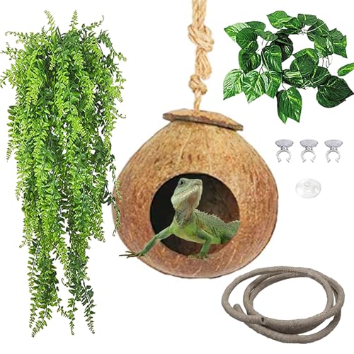 kathson Gecko Coco Hut Lizard Coconut Hide Cave Natural Coconuts Husk Reptile Hanging Nest Habitat Decor Bearded Dragon Terrarium Accessories for Crested Gecko Chameleon Snake Spider (4 PCS)