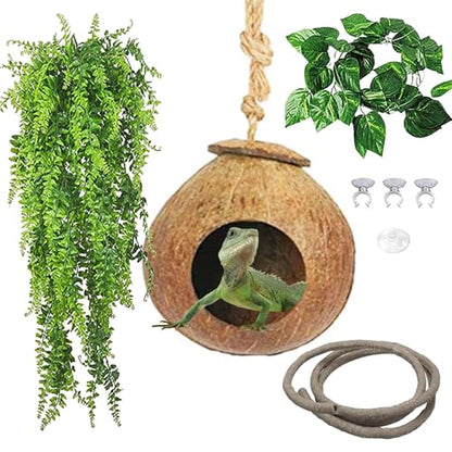 kathson Gecko Coco Hut Lizard Coconut Hide Cave Natural Coconuts Husk Reptile Hanging Nest Habitat Decor Bearded Dragon Terrarium Accessories for Crested Gecko Chameleon Snake Spider (4 PCS)
