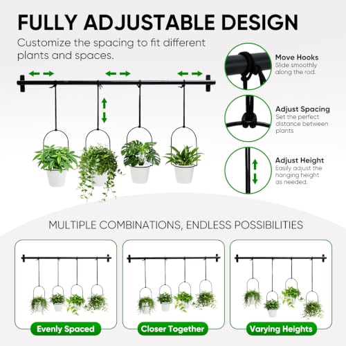 Window Plant Hanger with 4 Pots, 40 Inch Adjustable Hanging Planters for Indoor Plants, Metal Wall/Ceiling Plant Rod for Herbs, Flowers, Kitchen, Apartment & Balcony, Black