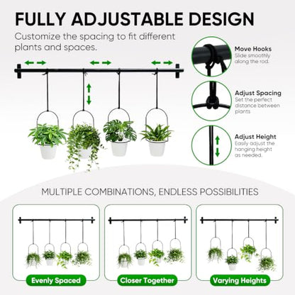 Window Plant Hanger with 4 Pots, 40 Inch Adjustable Hanging Planters for Indoor Plants, Metal Wall/Ceiling Plant Rod for Herbs, Flowers, Kitchen, Apartment & Balcony, Black