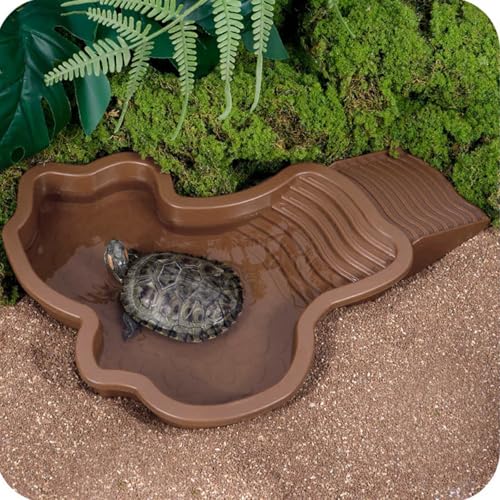 Spacious Reptiles Water Bowl with Ladder Steps Access Removable Component for Safe Turtles Soaking and Resting Slip Turtles Soaking Pool - color: Brown red